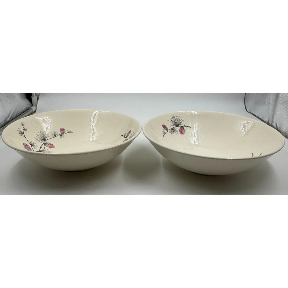 Set of 2 Vintage Skyline Canonsburg Pottery Pink Pine Cones Soup Bowls
